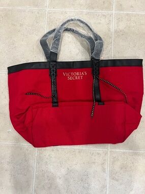Victoria's Secret Red Tote with Black Trim and Studded Ribbon
